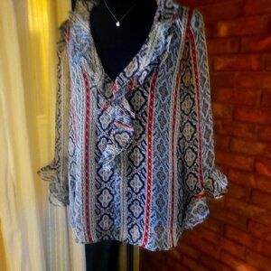 ZARA Sheer Red/Navy/White Patterned Ruffled 3/4 Sleeve Blouse - Size M LIKE NEW!